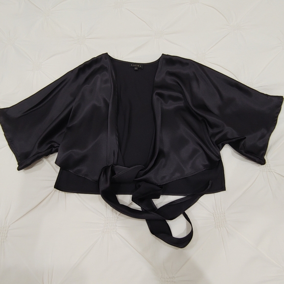 Laura charcoal black satin tie up cardigan wrap shall. Size M - Picture 3 of 10